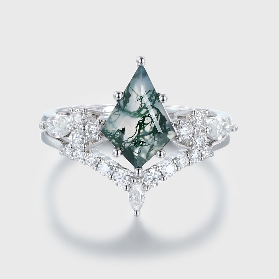Kite cut Moss Agate engagement ring set 14K White gold Unique Cluster vintage ring vintage Marquise Moissanite wedding Promise Anniversary