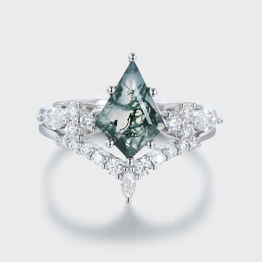Kite cut Moss Agate engagement ring set 14K White gold Unique Cluster vintage ring vintage Marquise Moissanite wedding Promise Anniversary