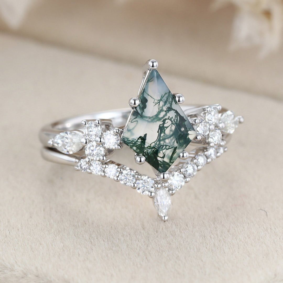 Kite cut Moss Agate engagement ring set 14K White gold Unique Cluster vintage ring vintage Marquise Moissanite wedding Promise Anniversary