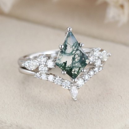 Kite cut Moss Agate engagement ring set 14K White gold Unique Cluster vintage ring vintage Marquise Moissanite wedding Promise Anniversary
