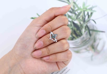 Kite cut Moss Agate engagement ring set 14K White gold Unique Cluster vintage ring vintage Marquise Moissanite wedding Promise Anniversary