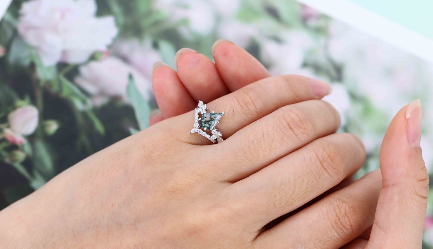 Kite cut Moss Agate engagement ring set 14K White gold Unique Cluster vintage ring vintage Marquise Moissanite wedding Promise Anniversary