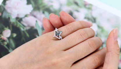 Kite cut Moss Agate engagement ring set 14K White gold Unique Cluster vintage ring vintage Marquise Moissanite wedding Promise Anniversary