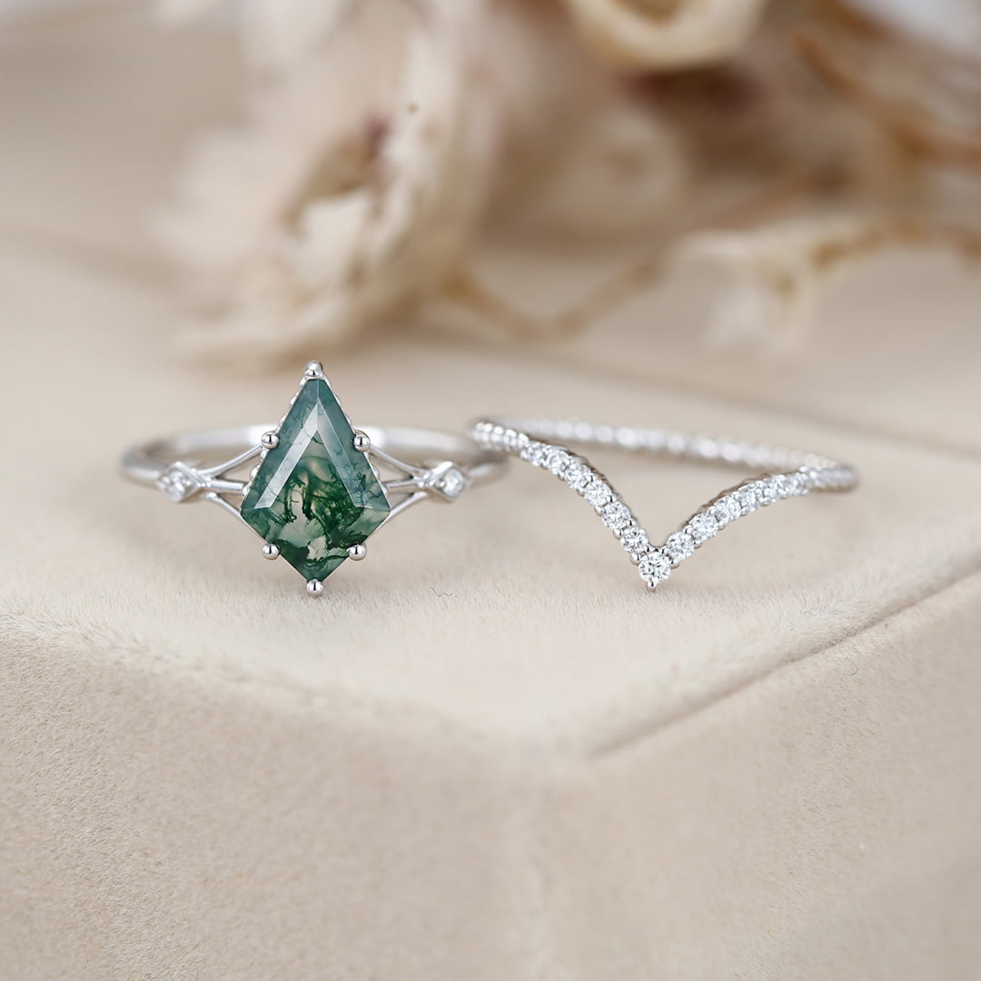 Kite cut Moss Agate engagement ring set Vintage White gold engagement ring Unique art deco engagement ring curved wedding band Bridal set