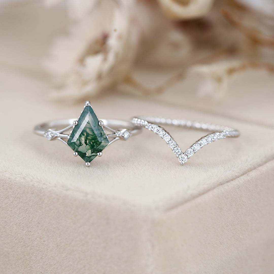 Kite cut Moss Agate engagement ring set Vintage White gold engagement ring Unique art deco engagement ring curved wedding band Bridal set