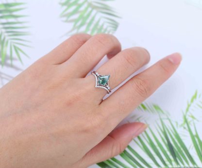 Kite cut Moss Agate engagement ring set Vintage White gold engagement ring Unique art deco engagement ring curved wedding band Bridal set