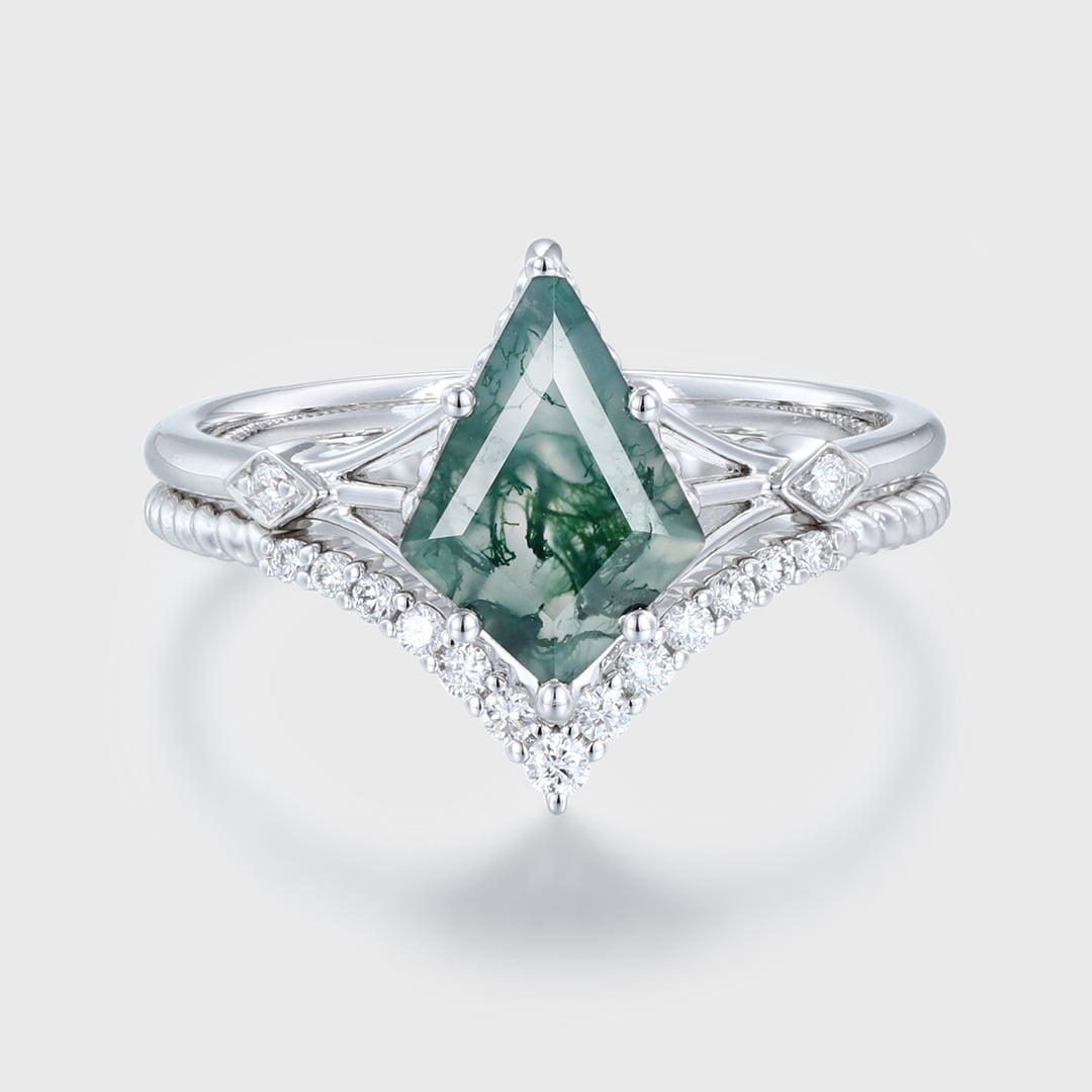 Kite cut Moss Agate engagement ring set Vintage White gold engagement ring Unique art deco engagement ring curved wedding band Bridal set