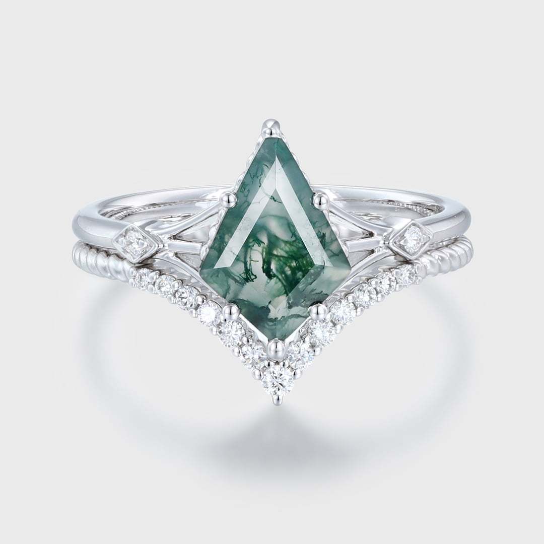Kite cut Moss Agate engagement ring set Vintage White gold engagement ring Unique art deco engagement ring curved wedding band Bridal set