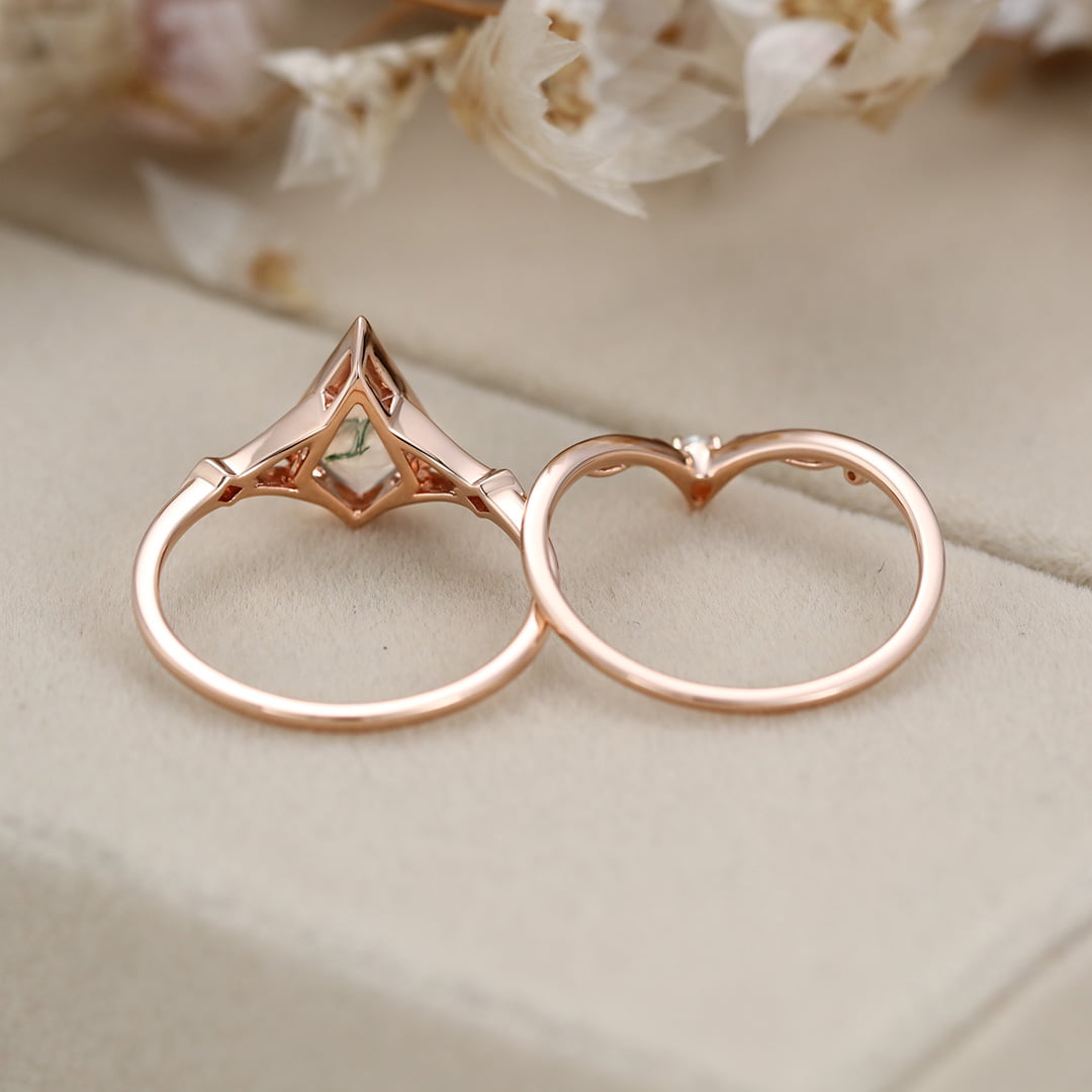 Kite cut Natura Moss Agate engagement ring set Vintage Unique Rose gold diamond leaf wedding ring Bridal set promise Anniversary gift