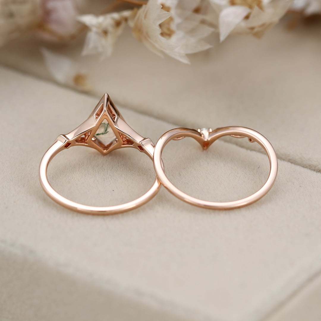 Kite cut Natura Moss Agate engagement ring set Vintage Unique Rose gold diamond leaf wedding ring Bridal set promise Anniversary gift