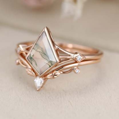 Kite cut Natura Moss Agate engagement ring set Vintage Unique Rose gold diamond leaf wedding ring Bridal set promise Anniversary gift
