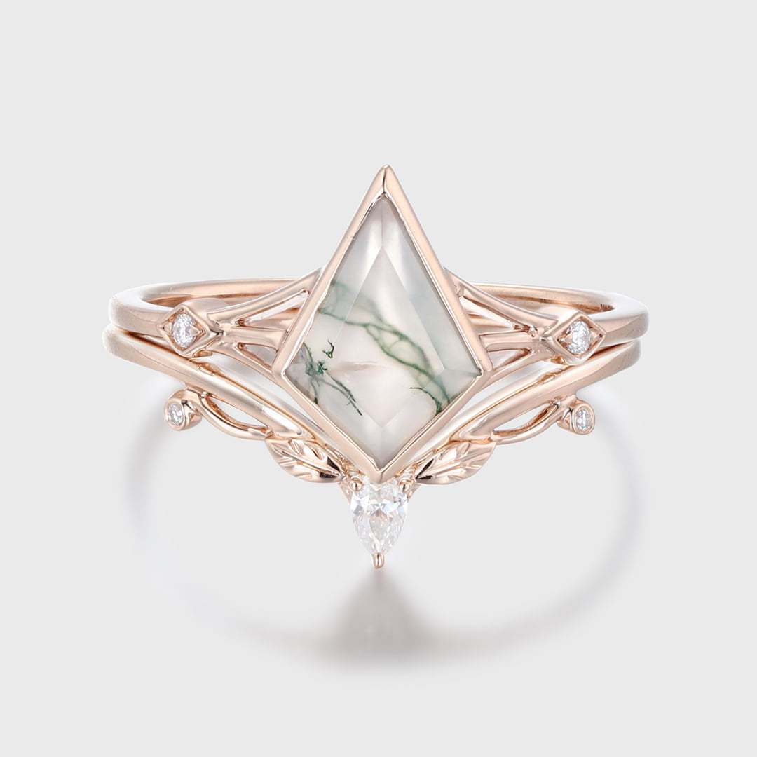 Kite Cut Natura Moss Agate Engagement Ring Set In 14K Rose Gold