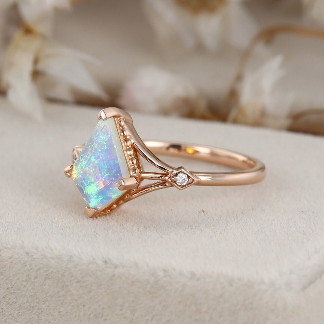 Kite cut Opal engagement ring Unique bridal ring Vintage 14K Rose gold moissanite diamond engagement ring Bridal promise anniversary gift