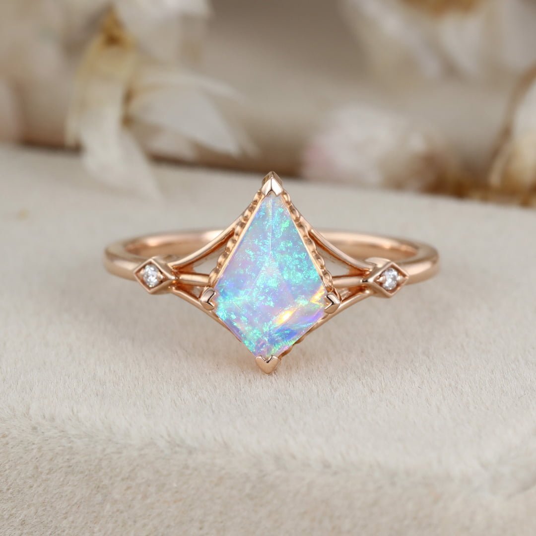 Kite cut Opal engagement ring Unique bridal ring Vintage 14K Rose gold moissanite diamond engagement ring Bridal promise anniversary gift