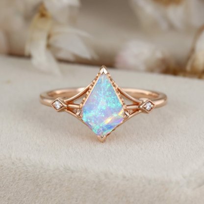 Kite cut Opal engagement ring Unique bridal ring Vintage 14K Rose gold moissanite diamond engagement ring Bridal promise anniversary gift