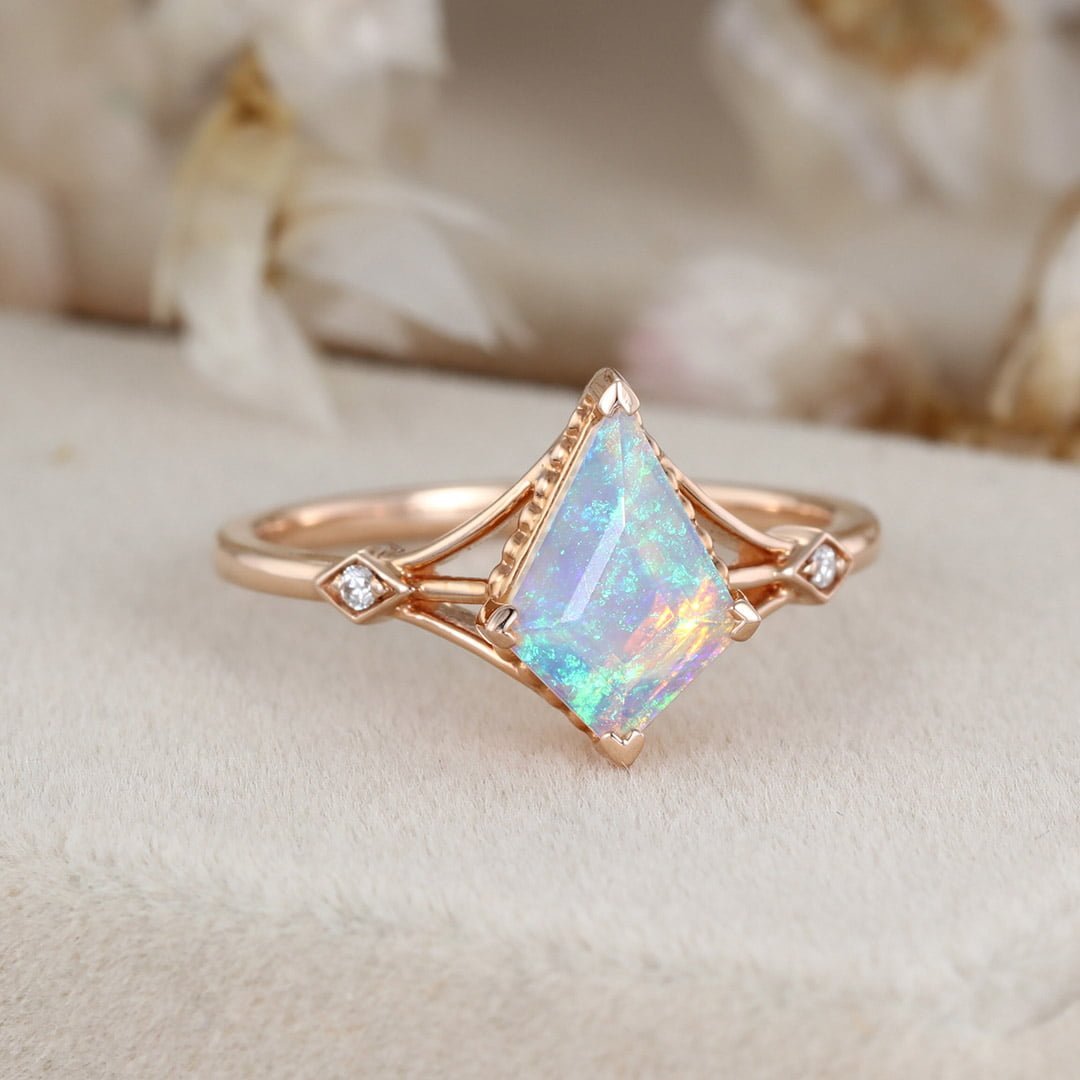 Kite cut Opal engagement ring Unique bridal ring Vintage 14K Rose gold moissanite diamond engagement ring Bridal promise anniversary gift