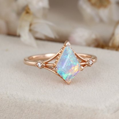 Kite cut Opal engagement ring Unique bridal ring Vintage 14K Rose gold moissanite diamond engagement ring Bridal promise anniversary gift