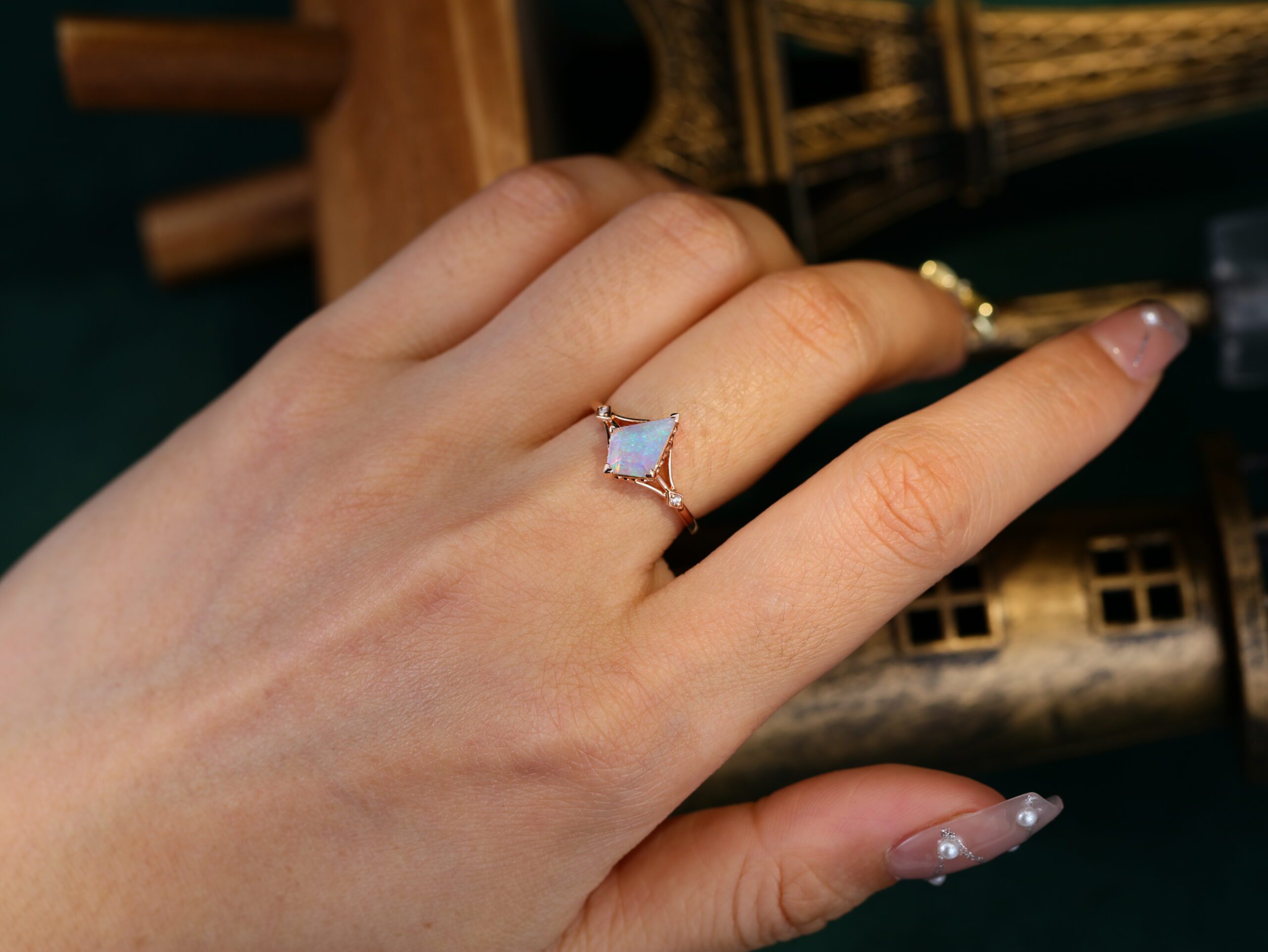 Kite cut Opal engagement ring Unique bridal ring Vintage 14K Rose gold moissanite diamond engagement ring Bridal promise anniversary gift