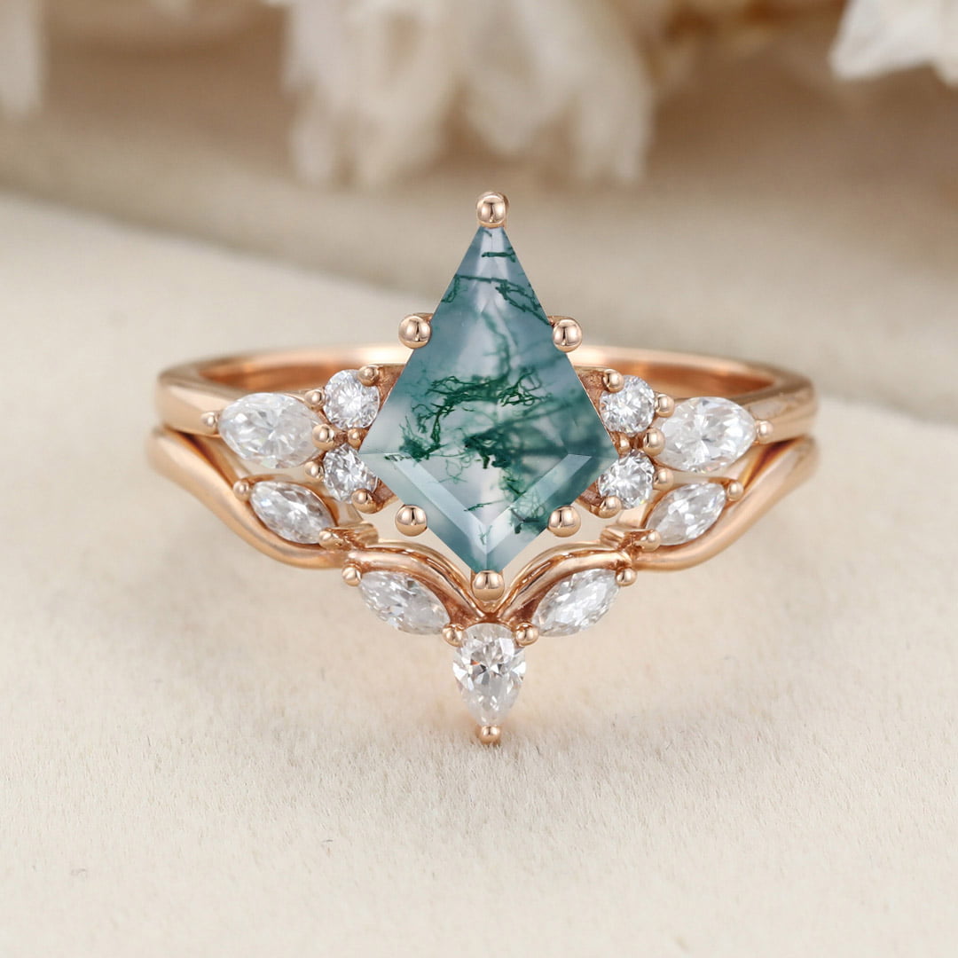 Kite cut moss agate engagement ring set Vintage art deco wedding ring Unique Rose gold bridal set marquise cut promise anniversary ring