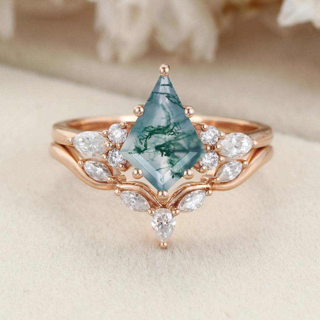 Kite cut moss agate engagement ring set Vintage art deco wedding ring Unique Rose gold bridal set marquise cut promise anniversary ring