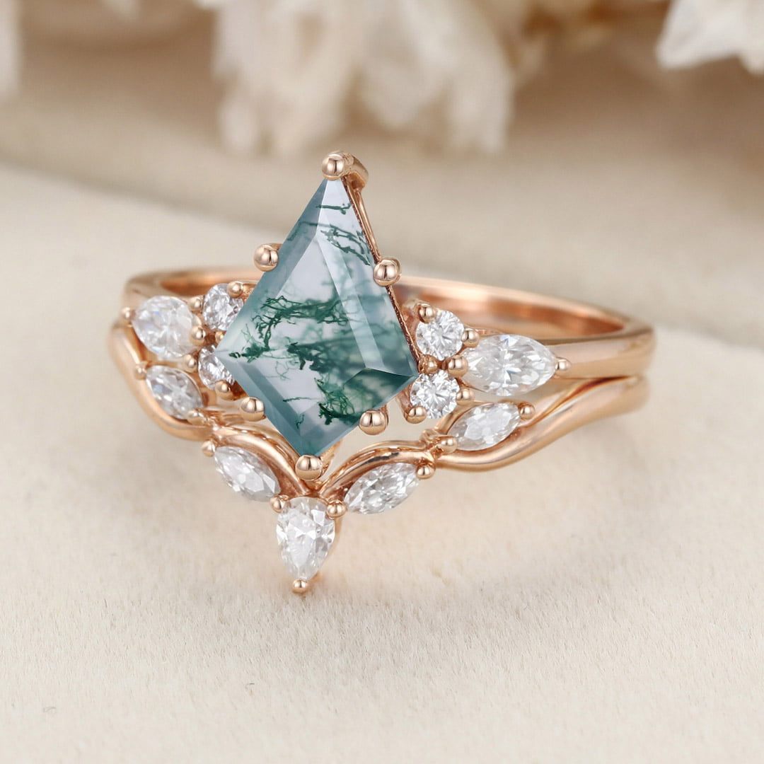 Kite cut moss agate engagement ring set Vintage art deco wedding ring Unique Rose gold bridal set marquise cut promise anniversary ring