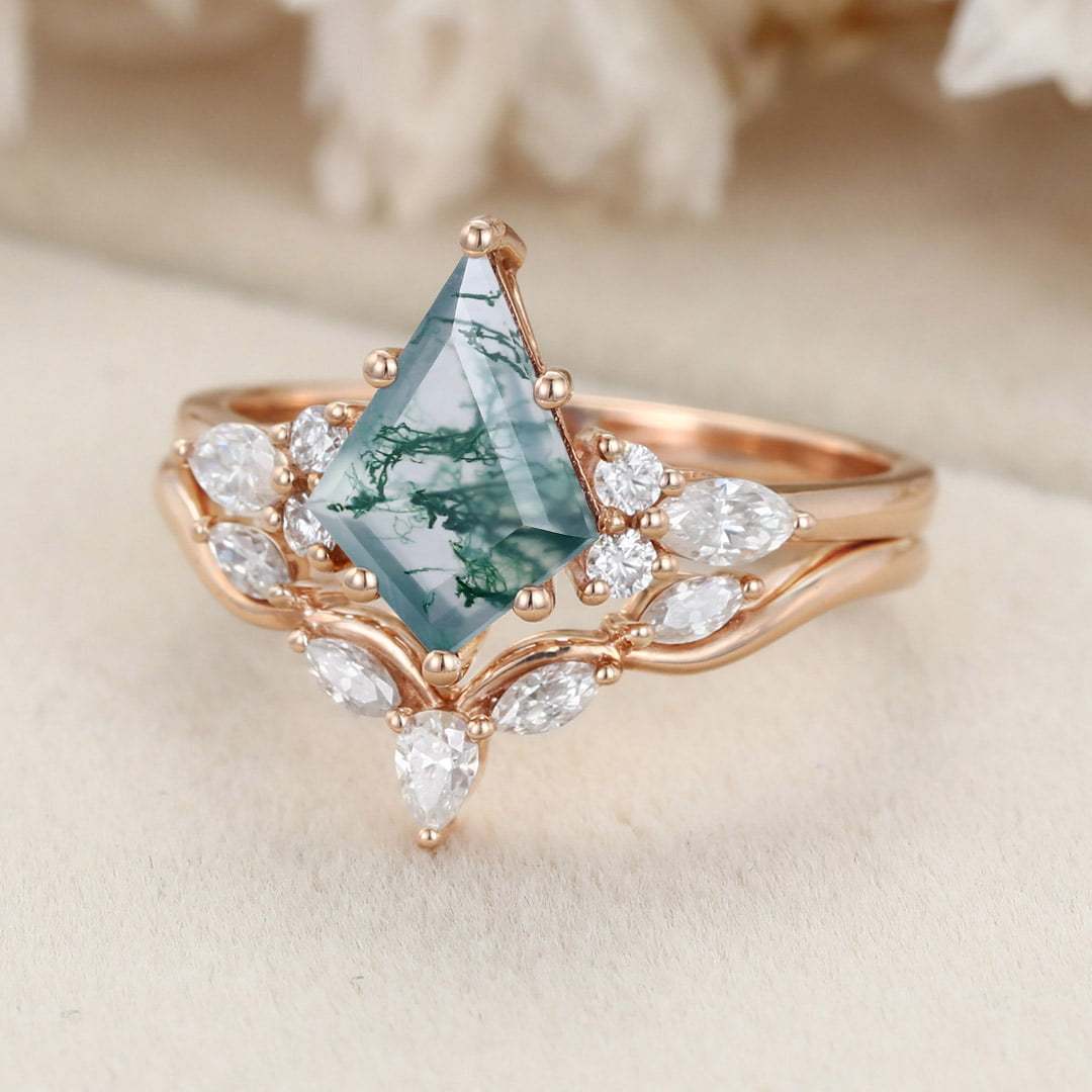 Kite cut moss agate engagement ring set Vintage art deco wedding ring Unique Rose gold bridal set marquise cut promise anniversary ring