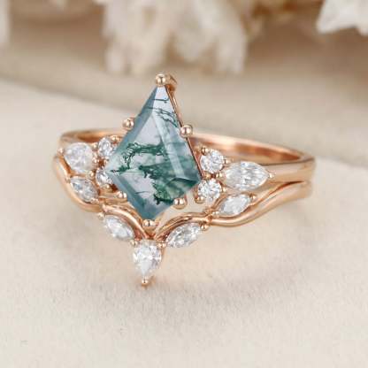 Kite cut moss agate engagement ring set Vintage art deco wedding ring Unique Rose gold bridal set marquise cut promise anniversary ring