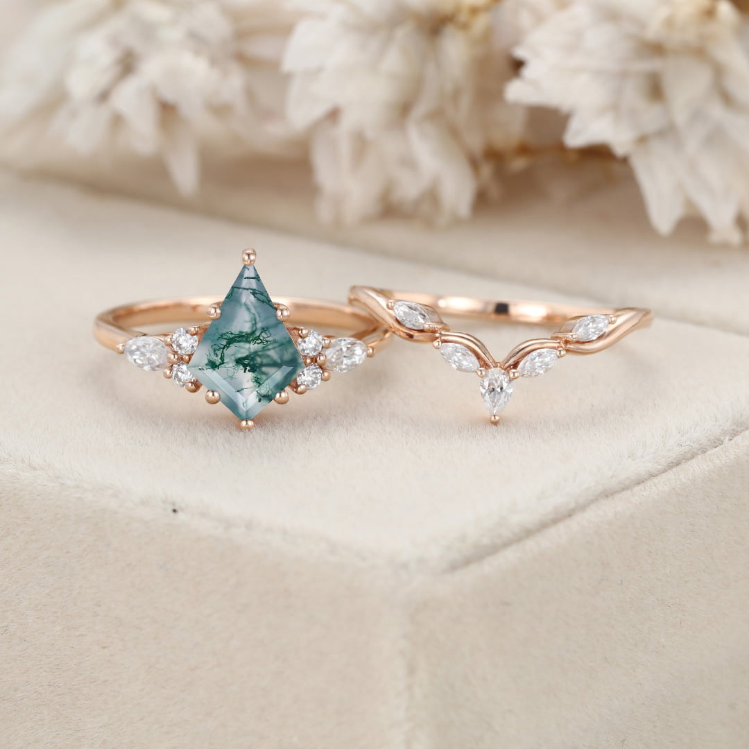 Kite cut moss agate engagement ring set Vintage art deco wedding ring Unique Rose gold bridal set marquise cut promise anniversary ring
