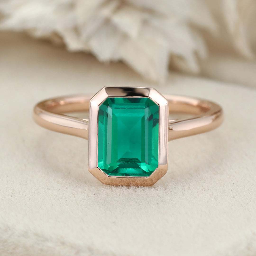 8x6mm Lab Emerald Engagement Ring Emerald Cut Bezel Emerald Ring 14K Rose Gold Solitaire Ring