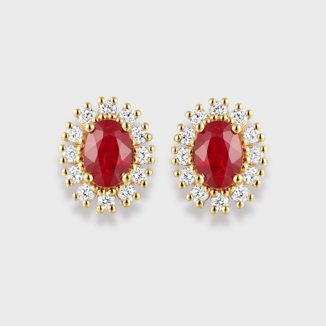 Lab Ruby Earrings Oval Cut 1.18CT Ruby Earrings, 18k Yellow Gold Natural Diamond Earrings Delicate Earring Studs