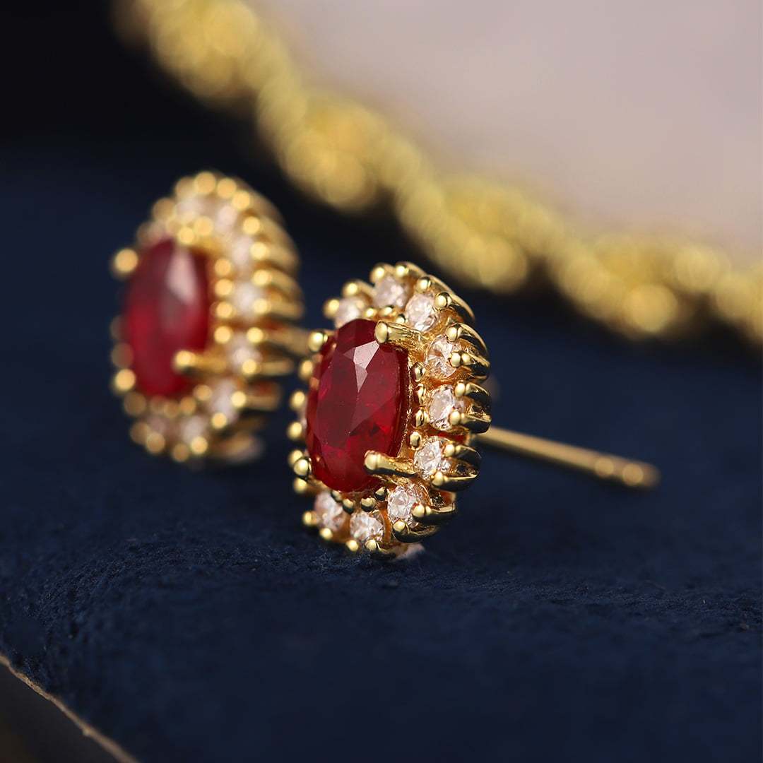 Lab Ruby Earrings Oval Cut 1.18CT Ruby Earrings, 18k Yellow Gold Natural Diamond Earrings Delicate Earring Studs