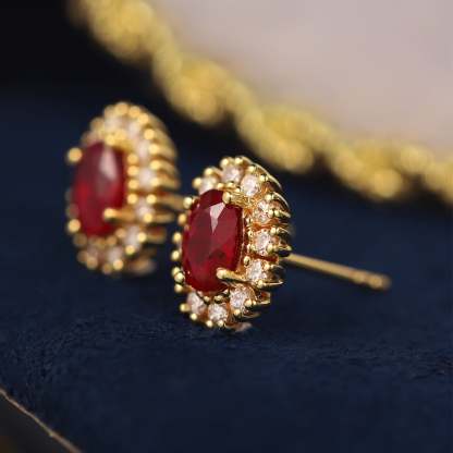 Lab Ruby Earrings Oval Cut 1.18CT Ruby Earrings, 18k Yellow Gold Natural Diamond Earrings Delicate Earring Studs