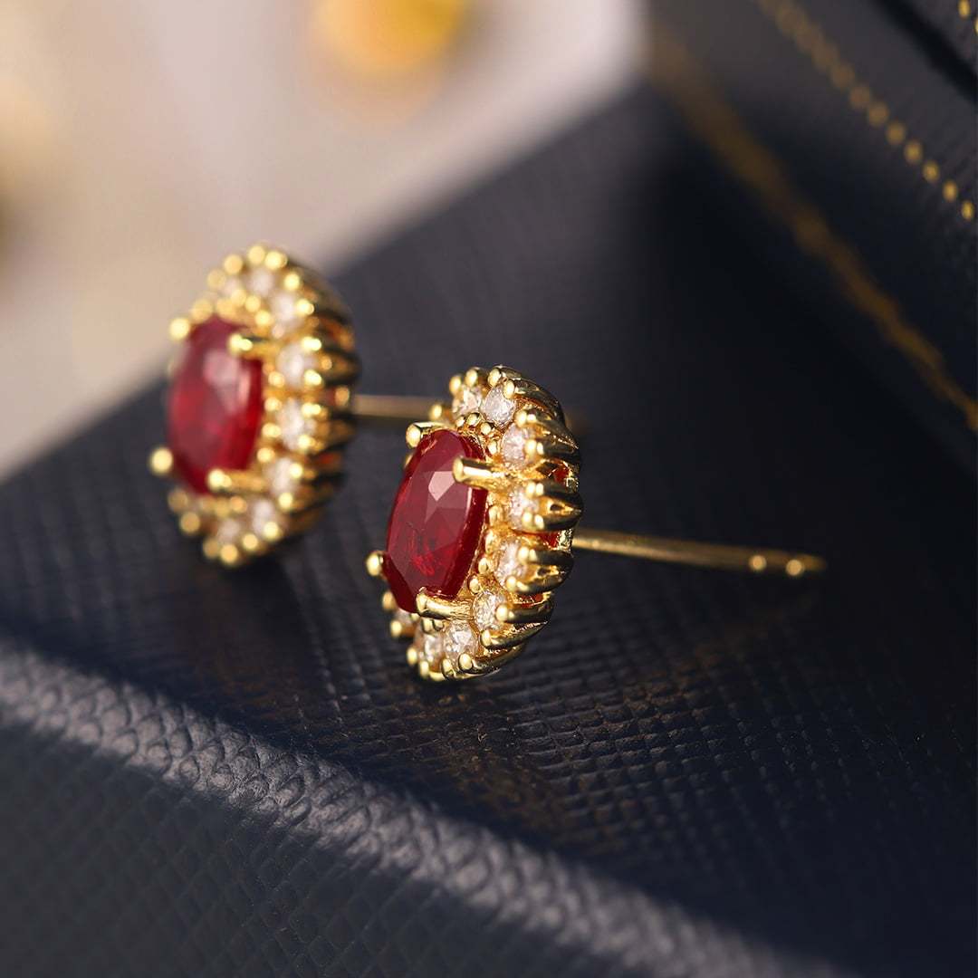 Lab Ruby Earrings Oval Cut 1.18CT Ruby Earrings, 18k Yellow Gold Natural Diamond Earrings Delicate Earring Studs