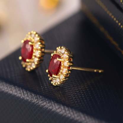 Lab Ruby Earrings Oval Cut 1.18CT Ruby Earrings, 18k Yellow Gold Natural Diamond Earrings Delicate Earring Studs