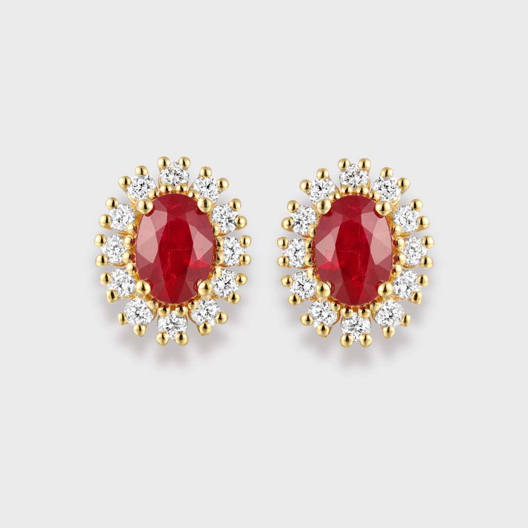 Lab Ruby Earrings Oval Cut 1.18CT Ruby Earrings, 18k Yellow Gold Natural Diamond Earrings Delicate Earring Studs