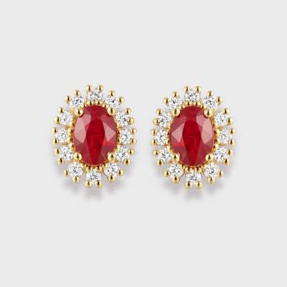 Lab Ruby Earrings Oval Cut 1.18CT Ruby Earrings, 18k Yellow Gold Natural Diamond Earrings Delicate Earring Studs