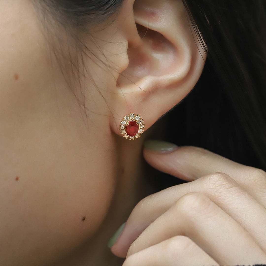 Lab Ruby Earrings Oval Cut 1.18CT Ruby Earrings, 18k Yellow Gold Natural Diamond Earrings Delicate Earring Studs