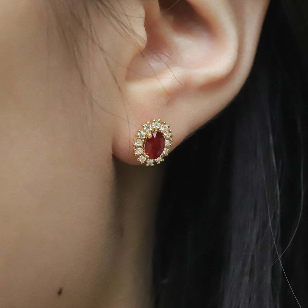 Lab Ruby Earrings Oval Cut 1.18CT Ruby Earrings, 18k Yellow Gold Natural Diamond Earrings Delicate Earring Studs