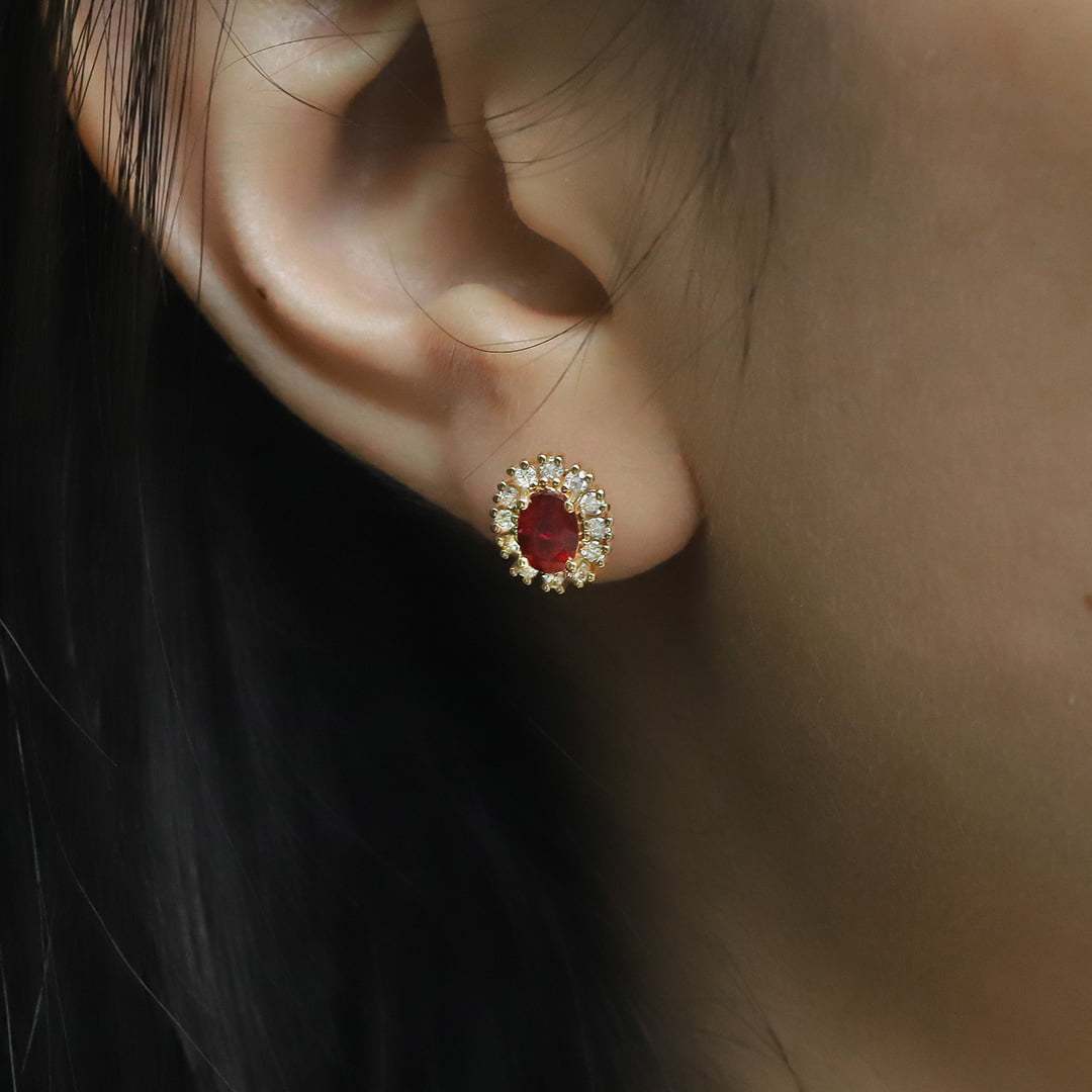 Lab Ruby Earrings Oval Cut 1.18CT Ruby Earrings, 18k Yellow Gold Natural Diamond Earrings Delicate Earring Studs