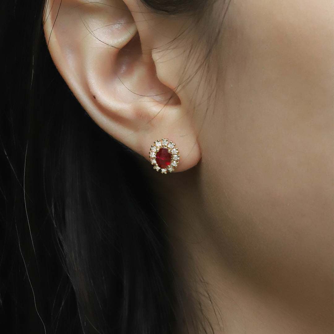 Lab Ruby Earrings Oval Cut 1.18CT Ruby Earrings, 18k Yellow Gold Natural Diamond Earrings Delicate Earring Studs