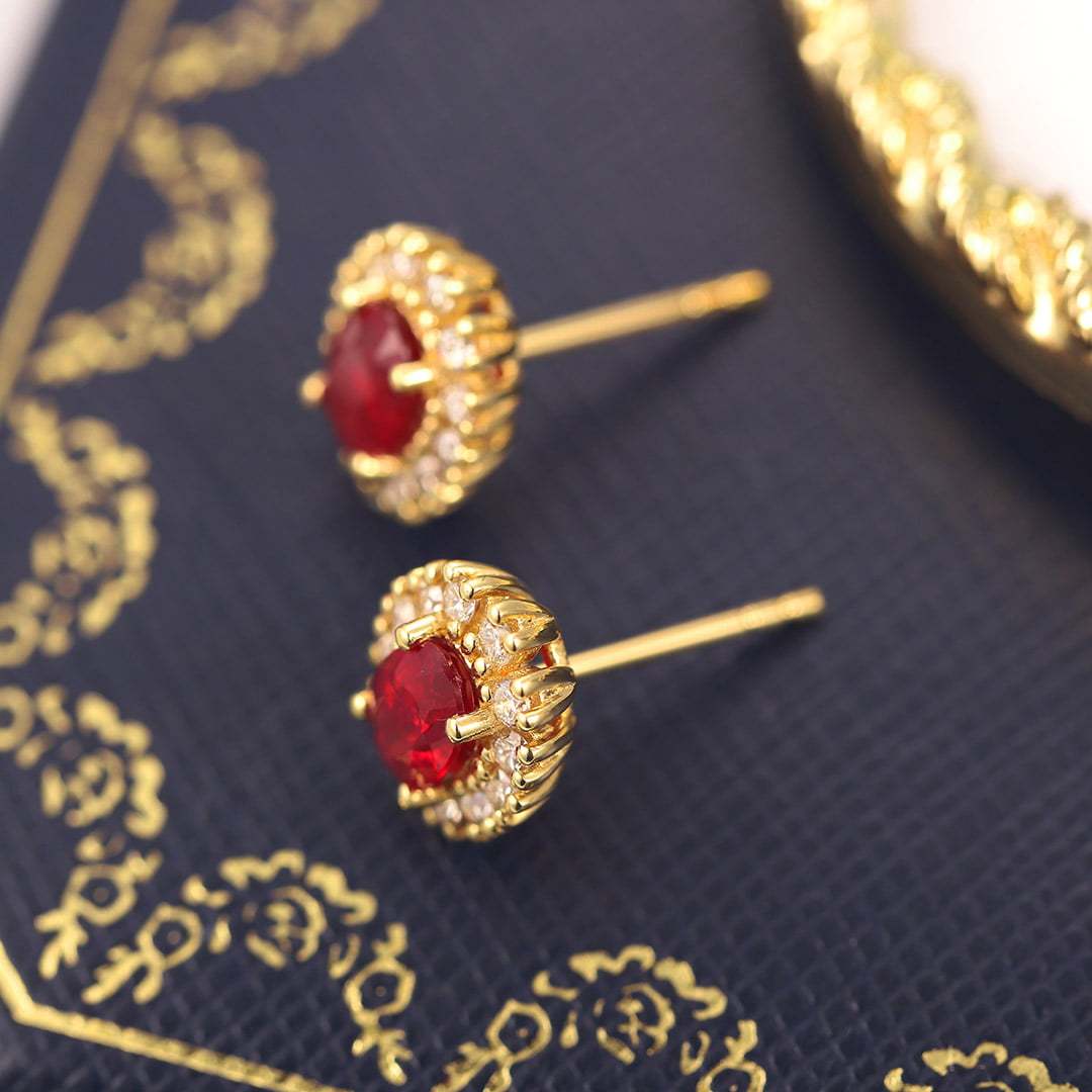 Lab Ruby Earrings Oval Cut 1.18CT Ruby Earrings, 18k Yellow Gold Natural Diamond Earrings Delicate Earring Studs