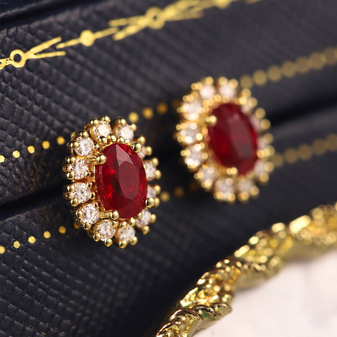 Lab Ruby Earrings Oval Cut 1.18CT Ruby Earrings, 18k Yellow Gold Natural Diamond Earrings Delicate Earring Studs