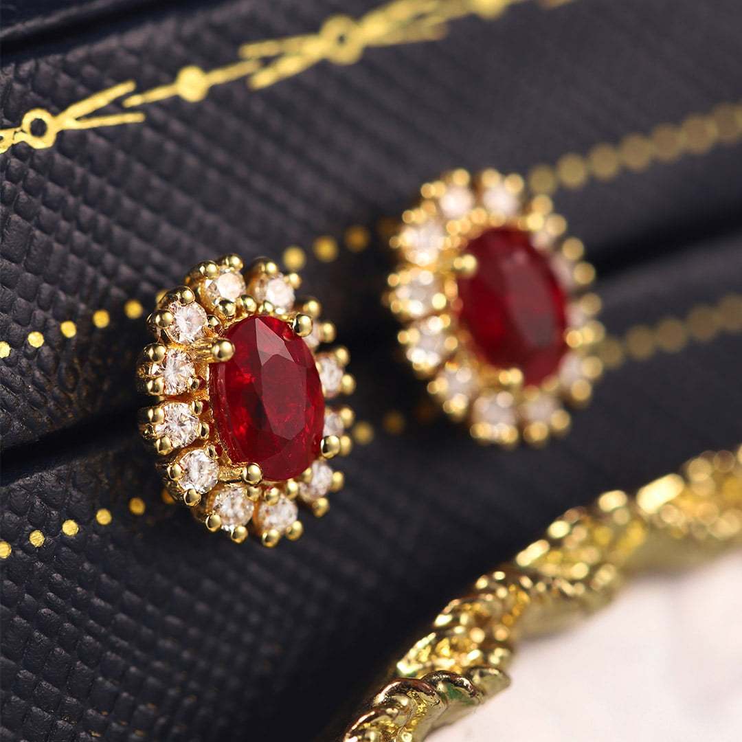 Lab Ruby Earrings Oval Cut 1.18CT Ruby Earrings, 18k Yellow Gold Natural Diamond Earrings Delicate Earring Studs