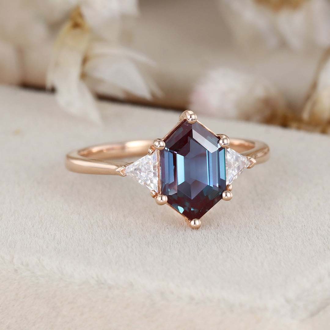 Long Hexagon Cut Alexandrite Engagement Ring Triangle Moissnaite engagement ring Rose gold June Birthstone Ring Unique Bridal Anniversary