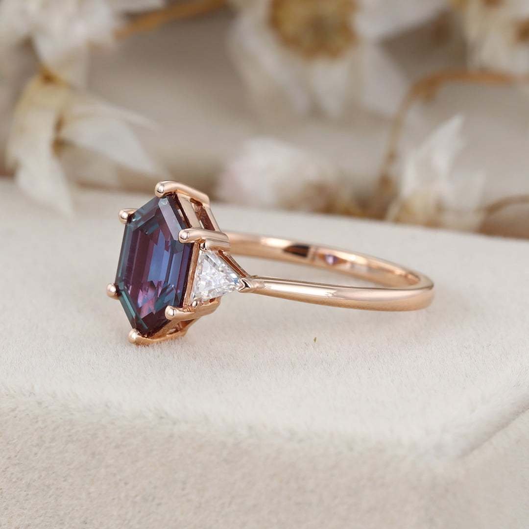 Long Hexagon Cut Alexandrite Engagement Ring Triangle Moissnaite engagement ring Rose gold June Birthstone Ring Unique Bridal Anniversary