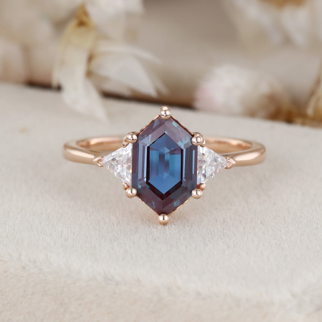 Long Hexagon Cut Alexandrite Engagement Ring Triangle Moissnaite engagement ring Rose gold June Birthstone Ring Unique Bridal Anniversary