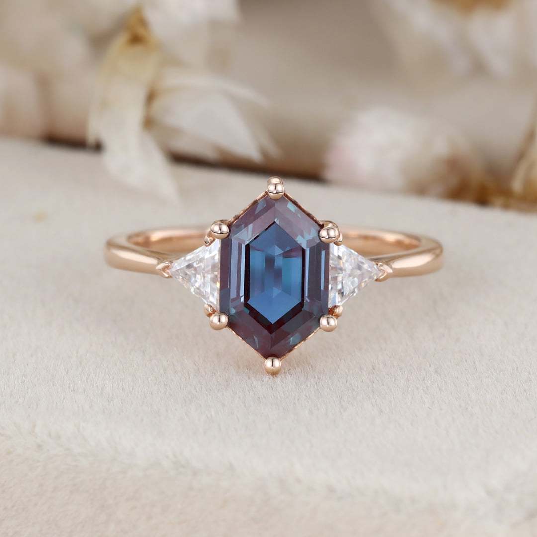 Long Hexagon Cut Alexandrite Engagement Ring Triangle Moissnaite engagement ring Rose gold June Birthstone Ring Unique Bridal Anniversary