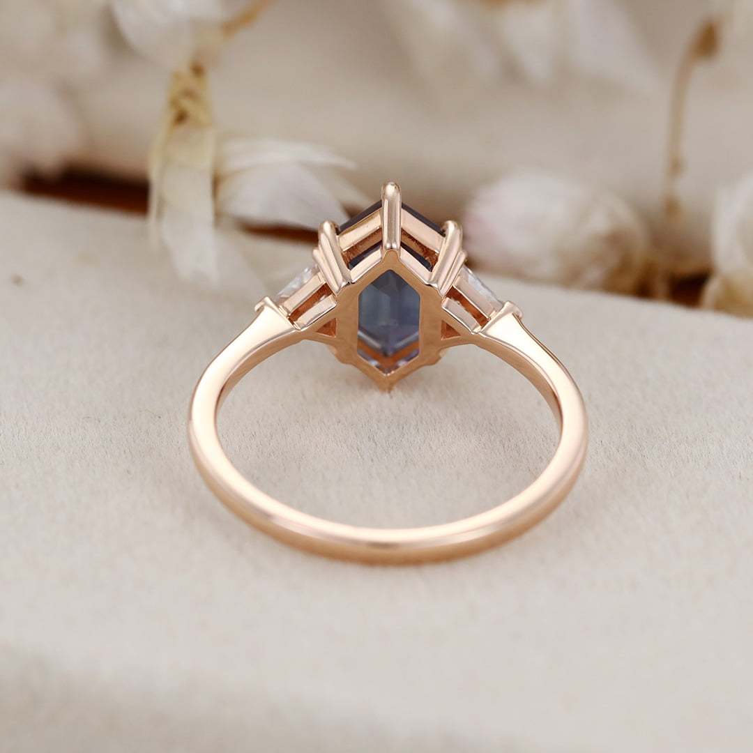 Long Hexagon Cut Alexandrite Engagement Ring Triangle Moissnaite engagement ring Rose gold June Birthstone Ring Unique Bridal Anniversary