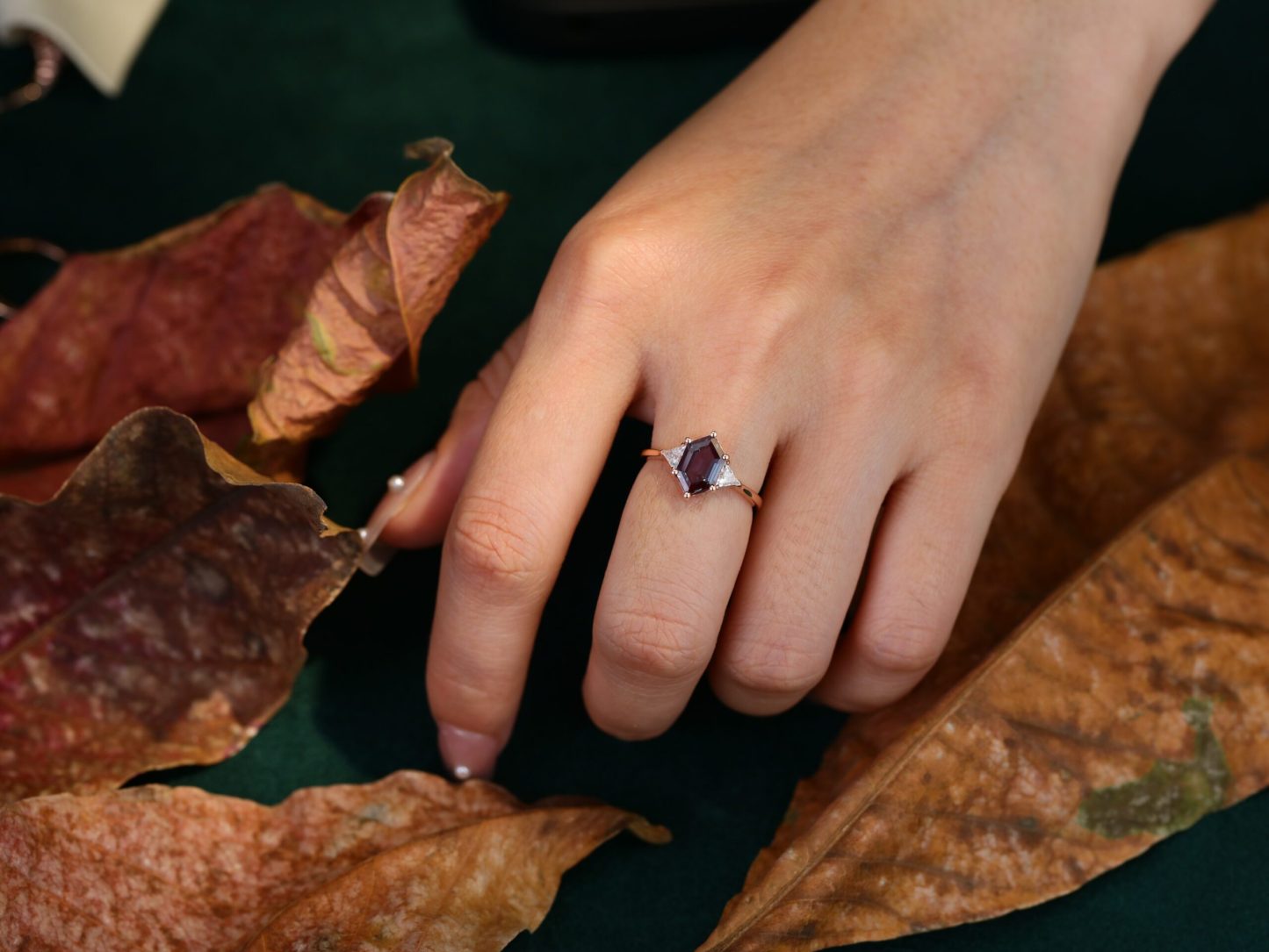 Long Hexagon Cut Alexandrite Engagement Ring Triangle Moissnaite engagement ring Rose gold June Birthstone Ring Unique Bridal Anniversary
