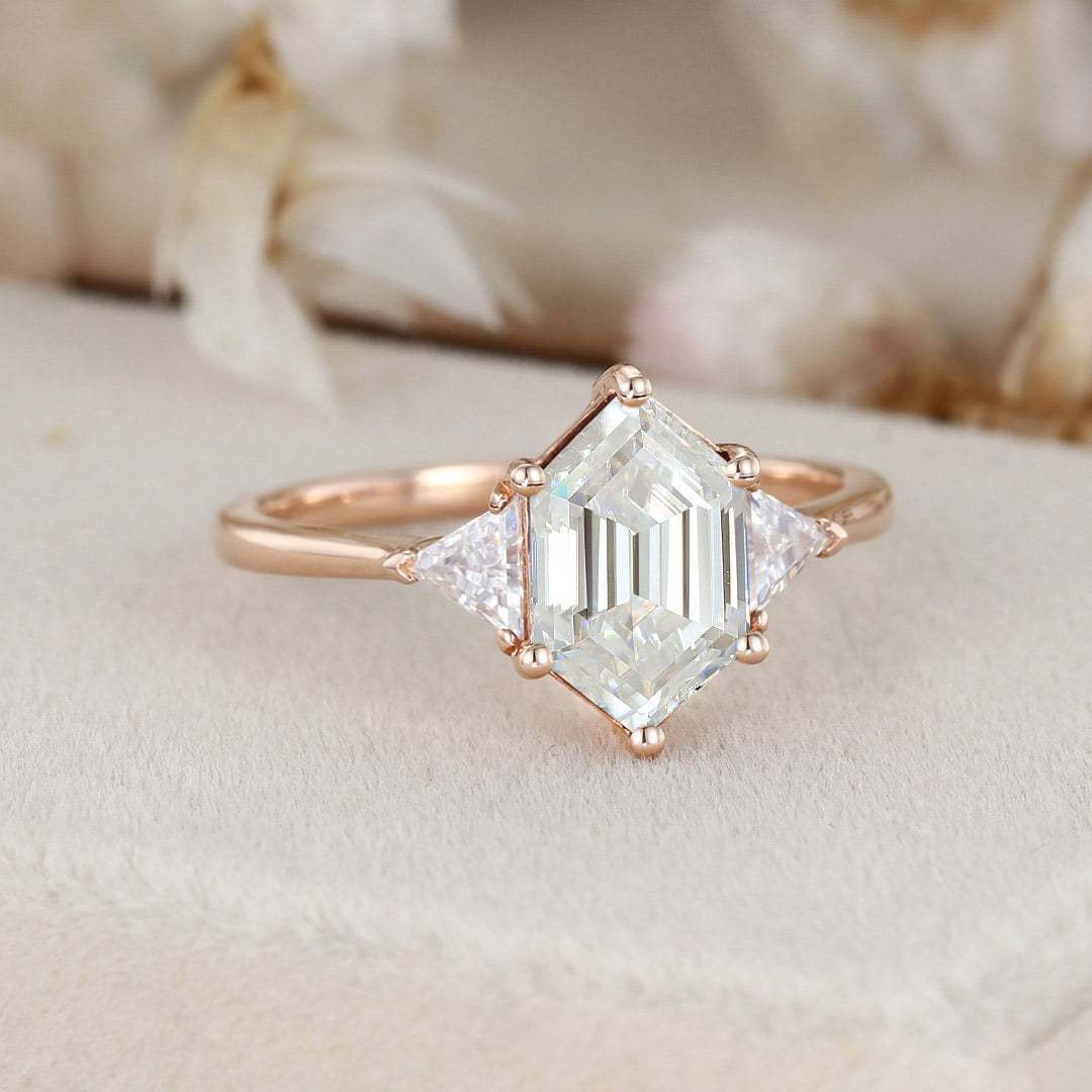 Long Hexagon Cut Moissnaite Engagement Ring Triangle Moissanite engagement ring Rose gold ring Unique Bridal Anniversary gift